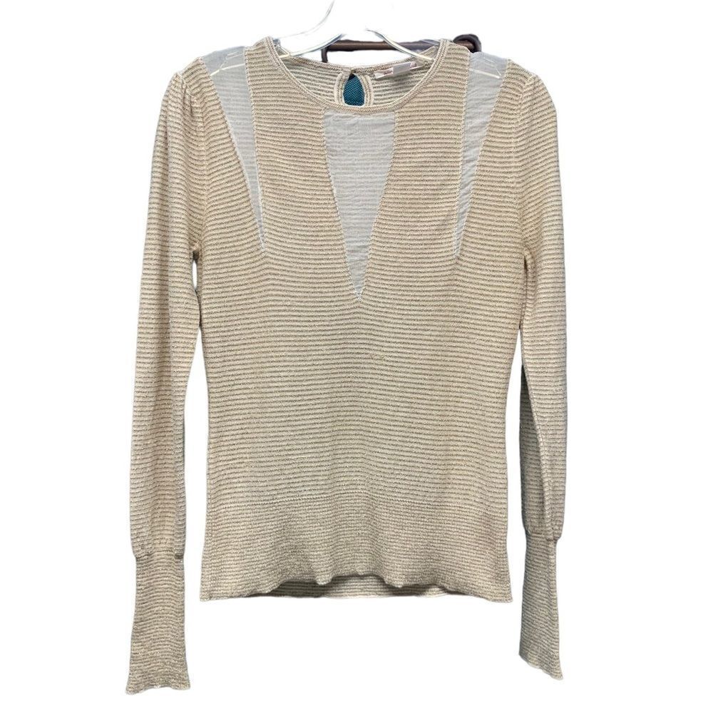 Alice + Olivia Cream with Gold/Metallic Stripes Mesh Sweater Size Large